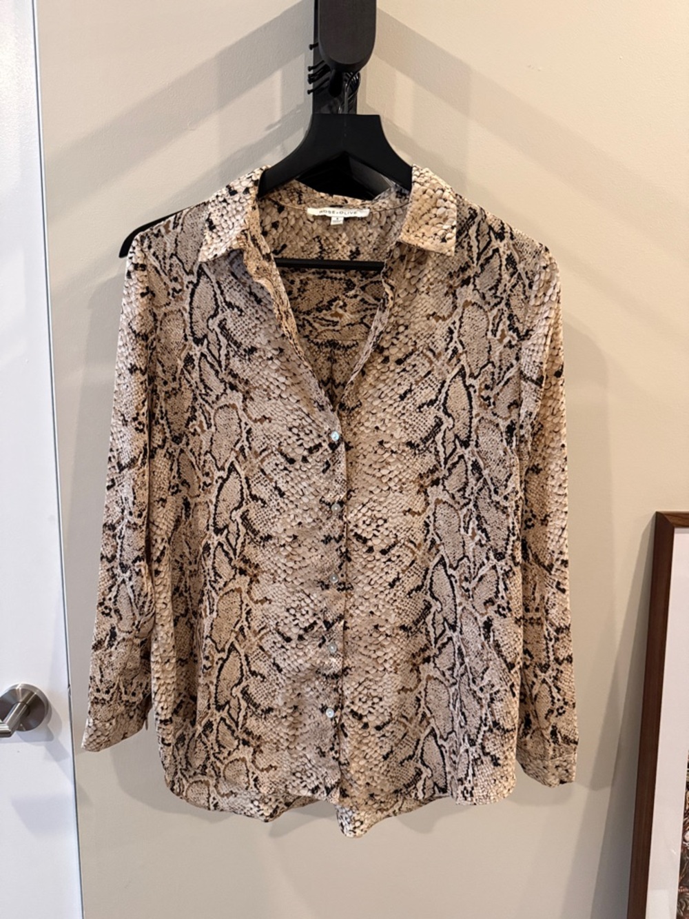 Rose + Olive Snake Print Button-Up Blouse in Neutral Tones